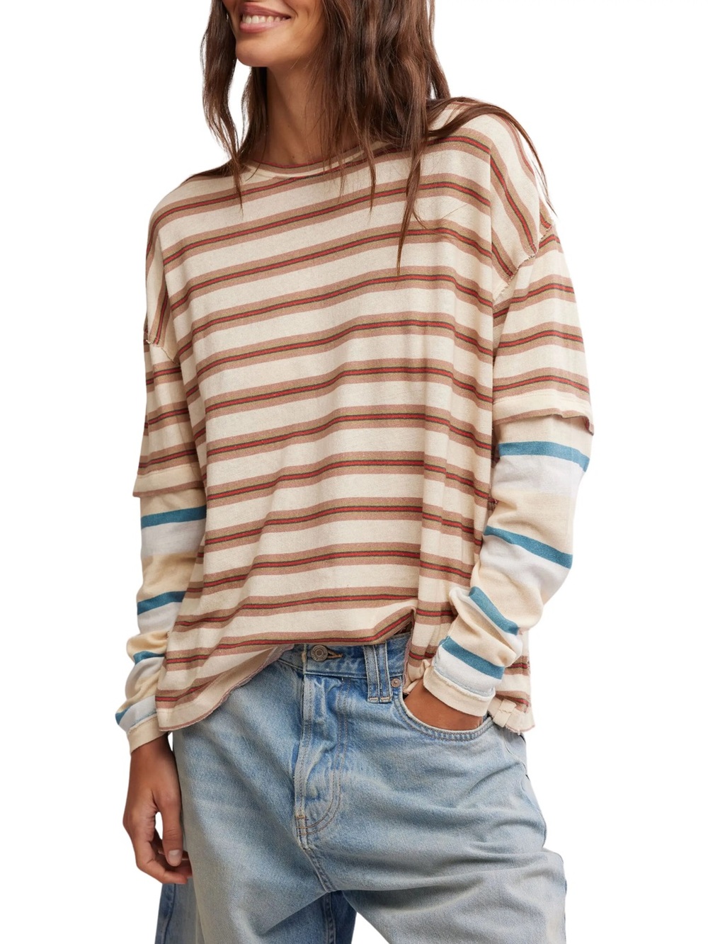 Free People We The Free Nina Stripe Long-Sleeve Tee in Ivory L